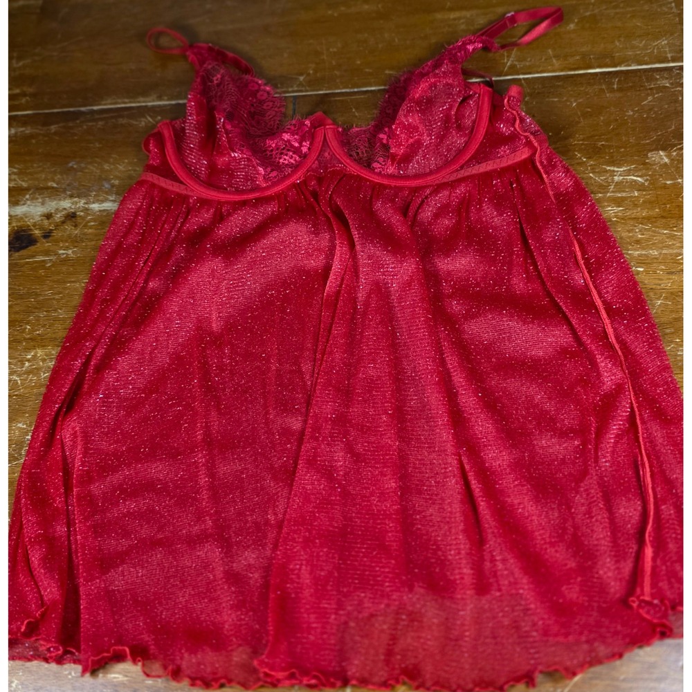Dreamgirl Red Shimmer Babydoll Lingerie Lace Underwire Metallic 11740PR Medium